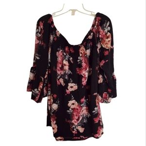 Feitong Black Pink Floral Off The Shoulder Smocked Blouse Size Large